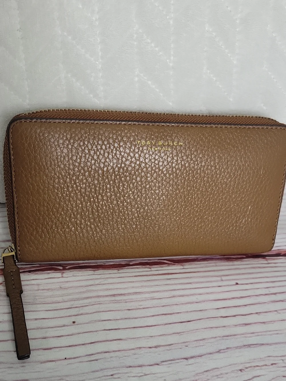 Tory Burch Pebble Grained Tan Leather Zip AROUND Wallet